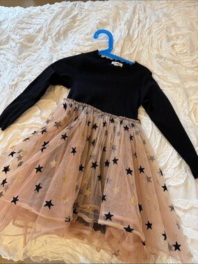 Girls Black Knit Bodice with Blush Star Tulle Skirt Formal Dress